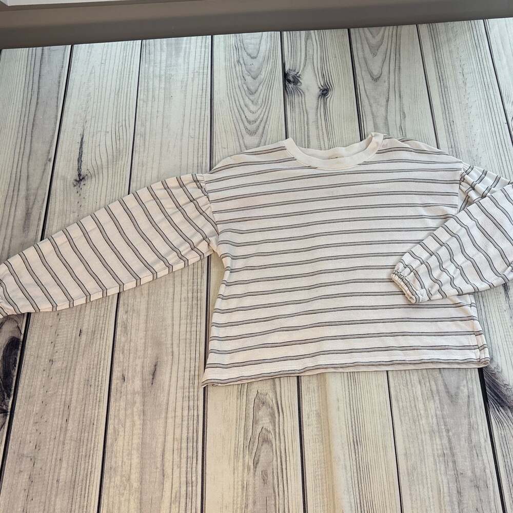 Madewell Striped Puff Drop-Shoulder Balloon-Sleeve Top Size S Cotton Blend - Picture 2 of 8